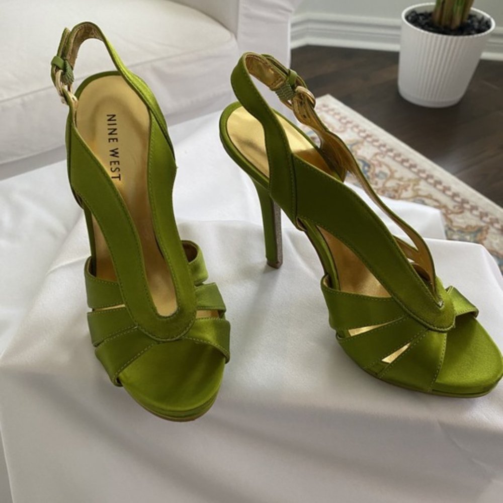 Nine West Green Satin sandals, 3" Heel, Size 6